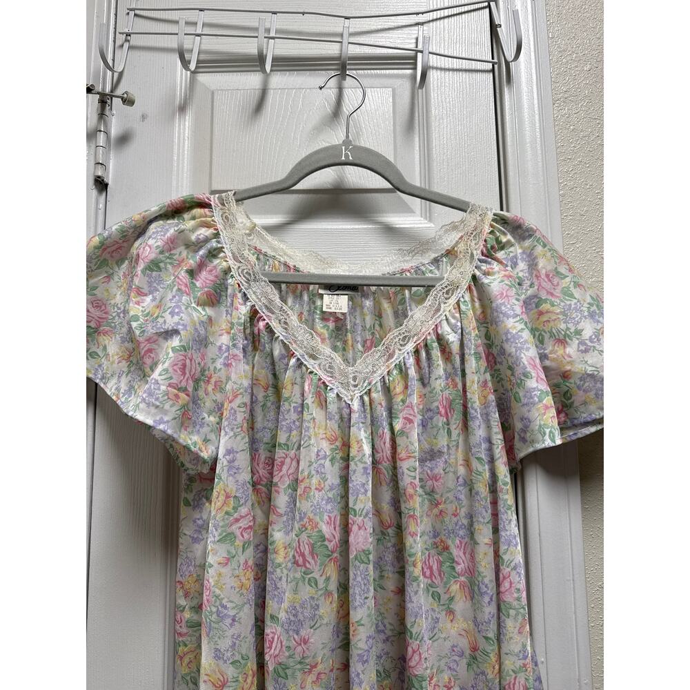 Vintage 80s Elana Rose Print V Neck Lace Trim Cottagecore Maxi Night Gown OS - Picture 4 of 7